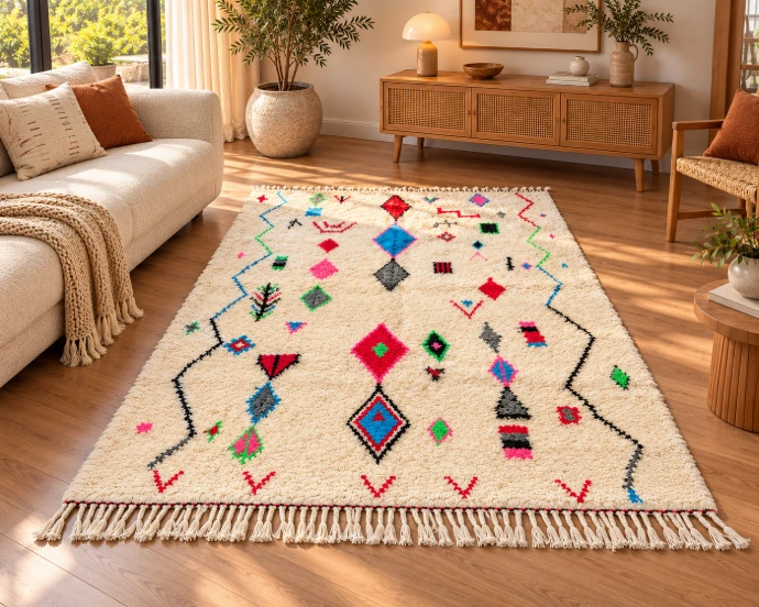 Diyara Artisanat Tapis Berbère écru à motifs géométriques multicolore - AZIL 3