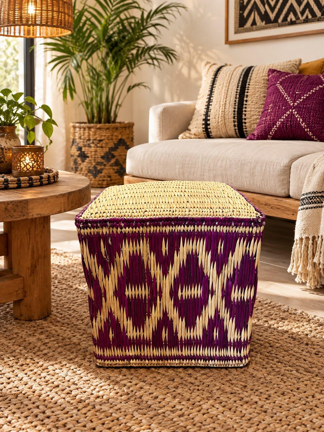 Pouf en Raphia Naturel et Prune