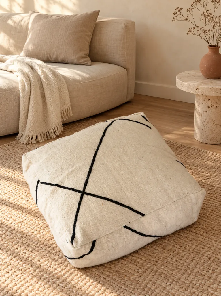 Diyara Artisanat Pouf en laine écru à lignes noires 2.webp