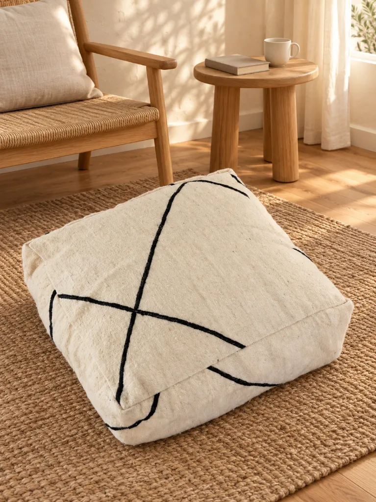 Diyara Artisanat Pouf en laine écru à lignes noires 1.webp