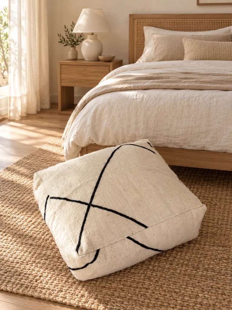 Diyara Artisanat Pouf en laine écru à lignes noires 3.webp