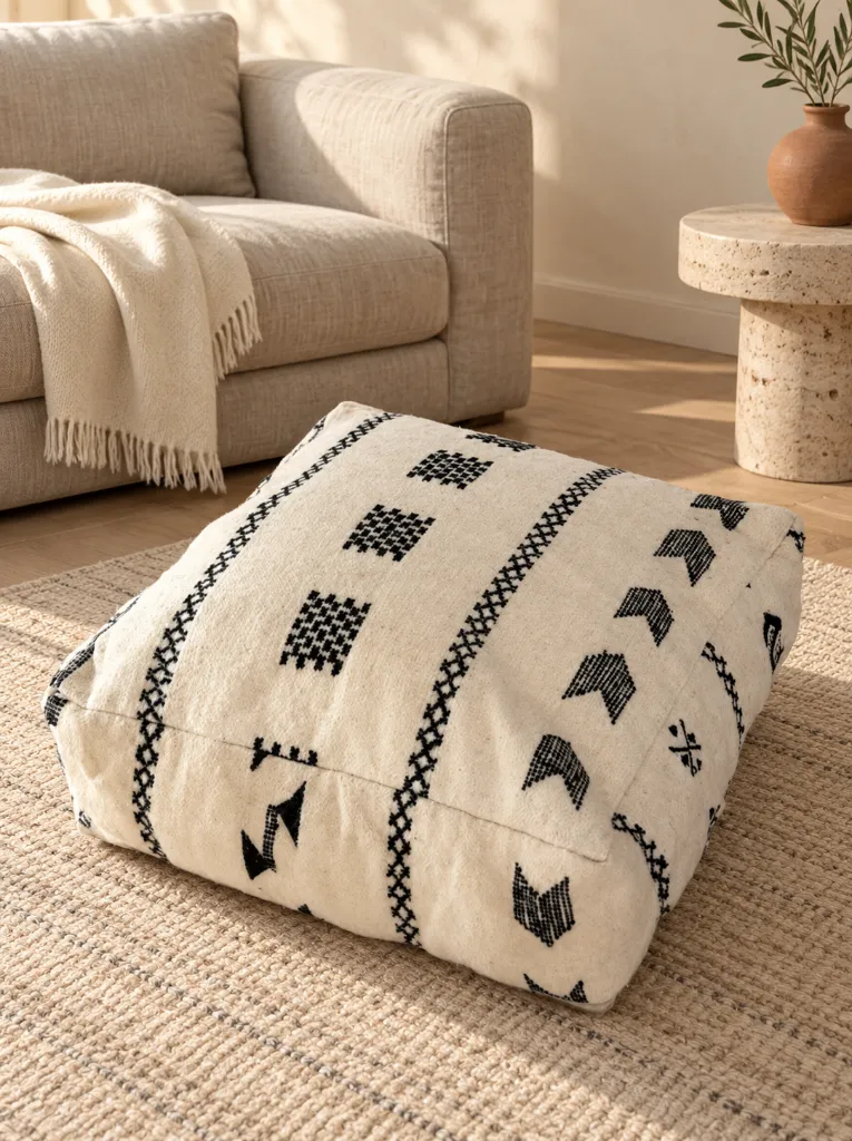 Diyara Artisanat Pouf en Laine et Coton Écru à Motifs Noirs 1.webp