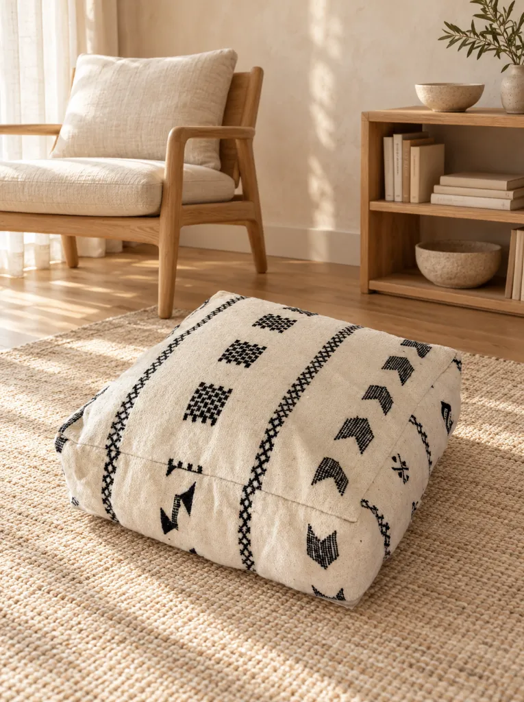 Diyara Artisanat Pouf en Laine et Coton Écru à Motifs Noirs 3.webp