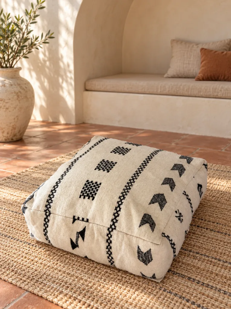 Diyara Artisanat Pouf en Laine et Coton Écru à Motifs Noirs 4.webp