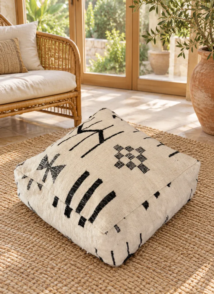Diyara Artisanat Pouf en laine et coton écru à motifs graphiques noirs 3.webp