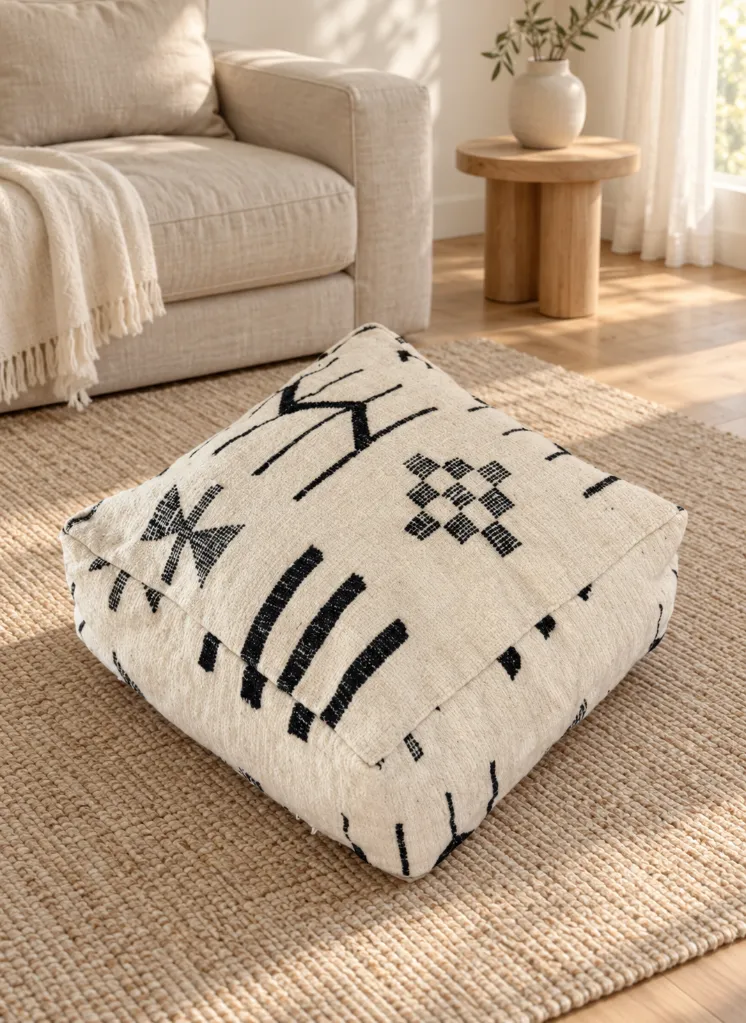 Diyara Artisanat Pouf en laine et coton écru à motifs graphiques noirs 1.webp