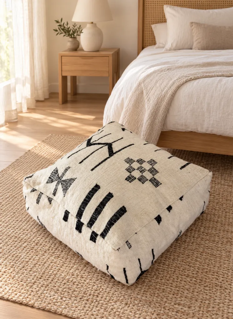 Diyara Artisanat Pouf en laine et coton écru à motifs graphiques noirs 2.webp