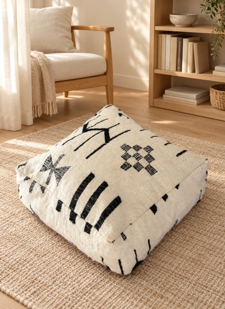 Diyara Artisanat Pouf en laine et coton écru à motifs graphiques noirs 4.webp