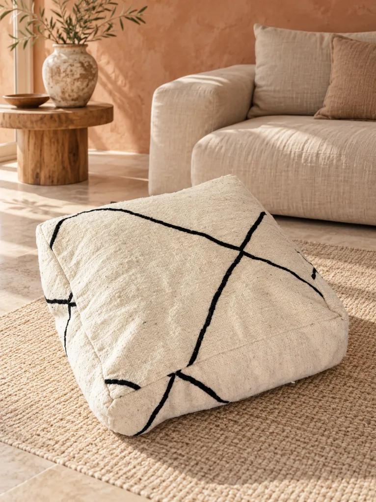 Diyara Artisanat Pouf en laine et coton écru à lignes noires 1.webp