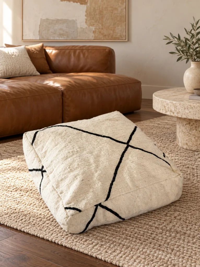 Diyara Artisanat Pouf en laine et coton écru à lignes noires 4.webp