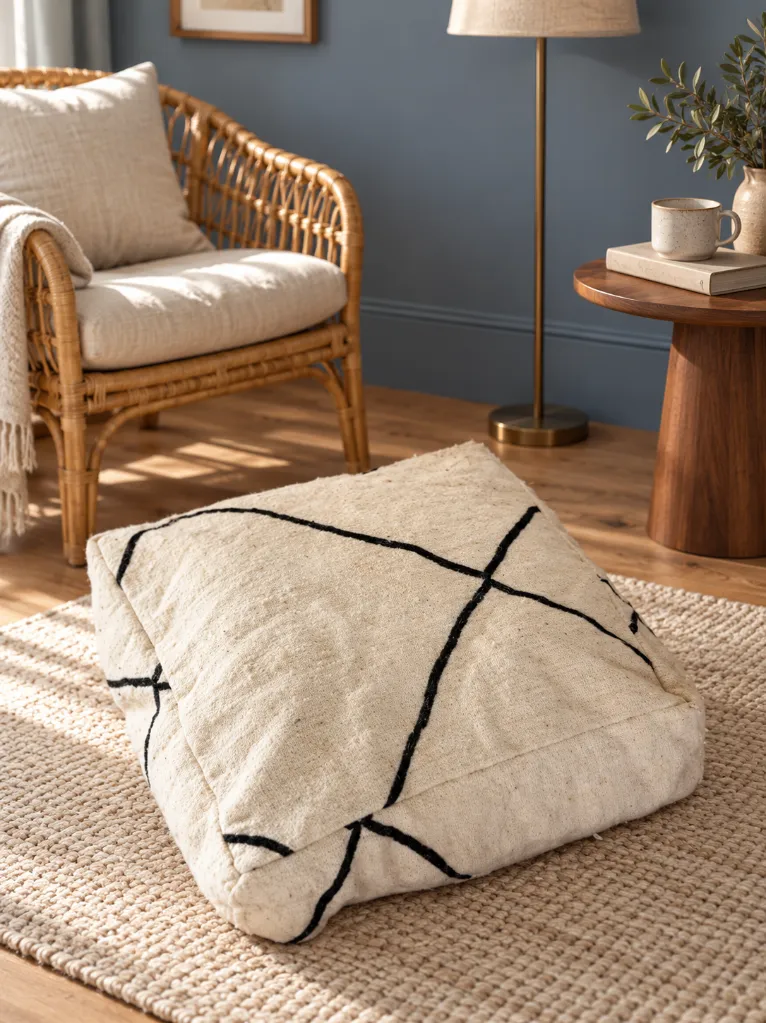 Diyara Artisanat Pouf en laine et coton écru à lignes noires 3.webp