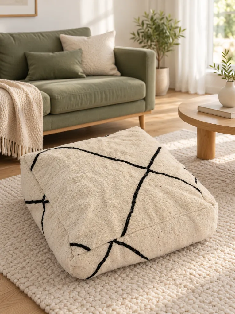 Diyara Artisanat Pouf en laine et coton écru à lignes noires 2.webp