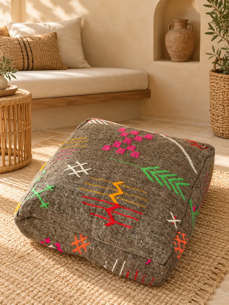 Diyara Artisanat Pouf en Laine et Coton Brun à Motifs Berbères Colorés 4.webp