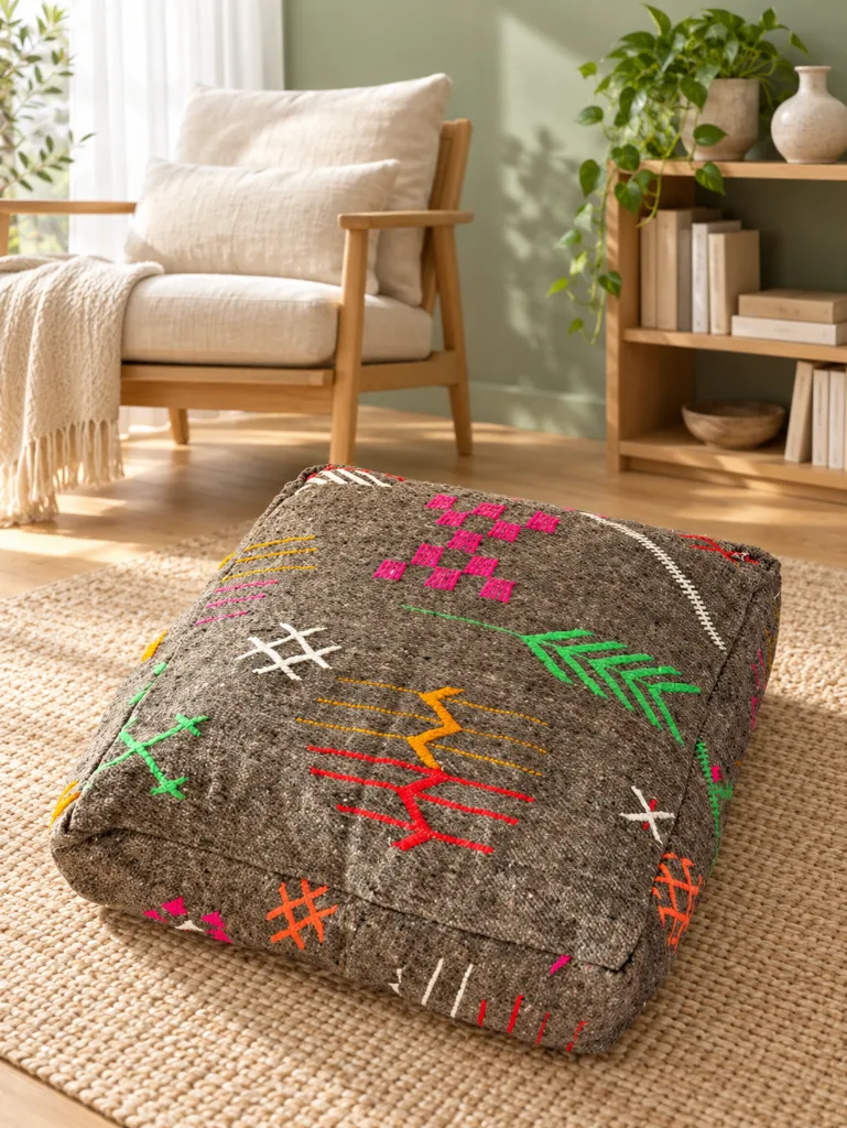 Diyara Artisanat Pouf en Laine et Coton Brun à Motifs Berbères Colorés 2.webp