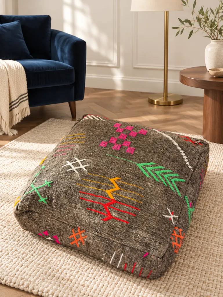 Diyara Artisanat Pouf en Laine et Coton Brun à Motifs Berbères Colorés 3.webp