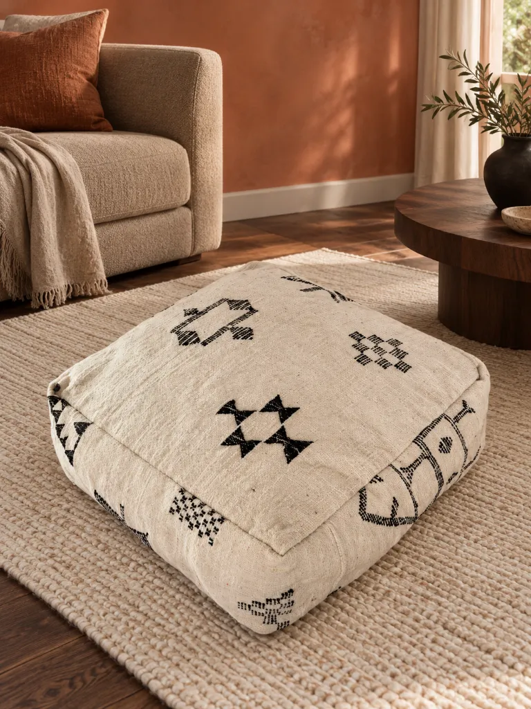 Diyara Artisanat Pouf en laine et coton écru à motifs noirs 9.webp