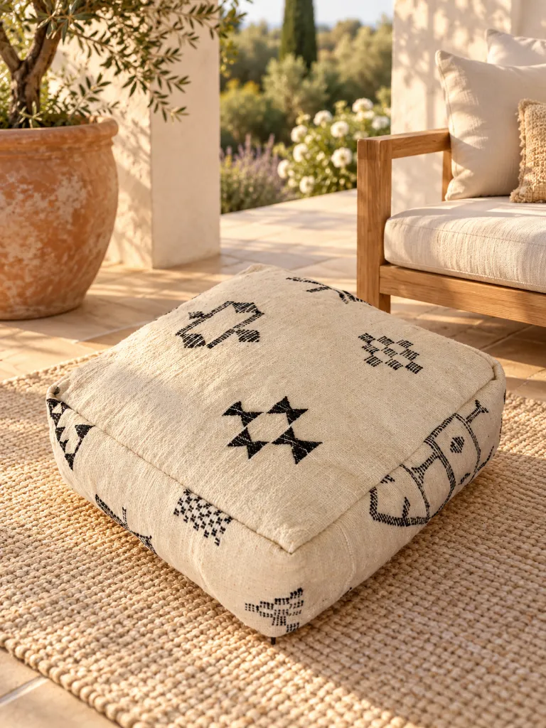 Diyara Artisanat Pouf en laine et coton écru à motifs noirs 11.webp