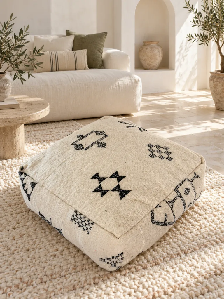 Diyara Artisanat Pouf en laine et coton écru à motifs noirs 8.webp