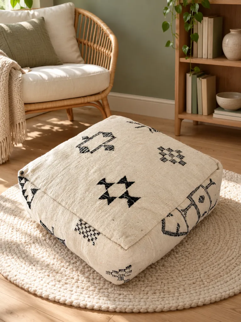 Diyara Artisanat Pouf en laine et coton écru à motifs noirs 10.webp