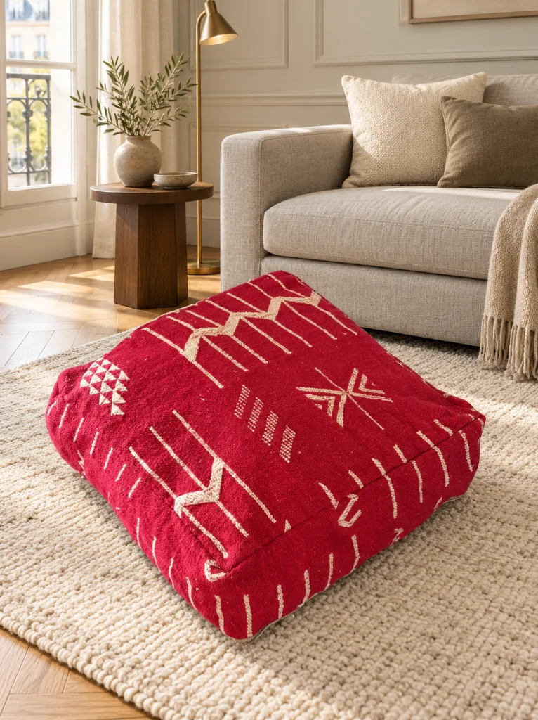 Diyara Artisanat Pouf en laine et coton rouge à motifs écrus 1.webp