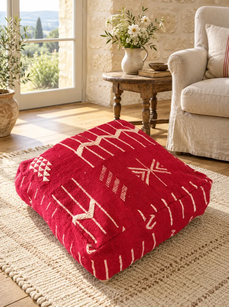 Diyara Artisanat Pouf en laine et coton rouge à motifs écrus 2.webp