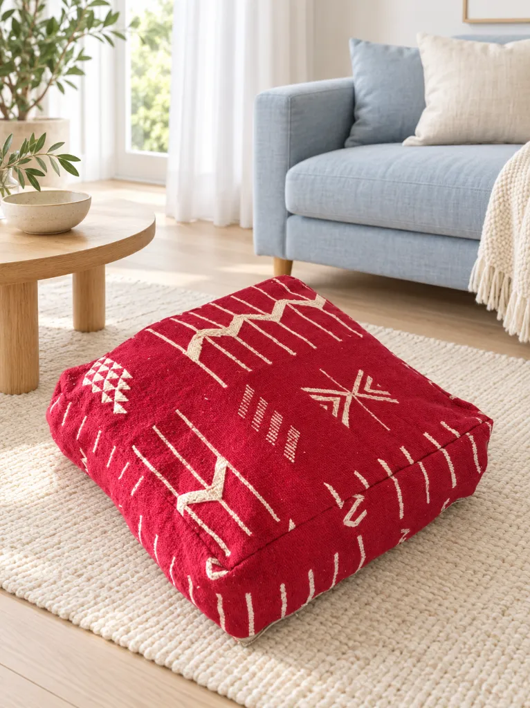 Diyara Artisanat Pouf en laine et coton rouge à motifs écrus 3.webp