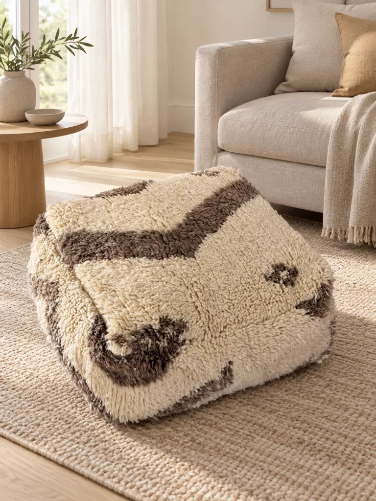 Diyara Artisanat Pouf en Laine sur Laine Écru et Taupe 1.webp