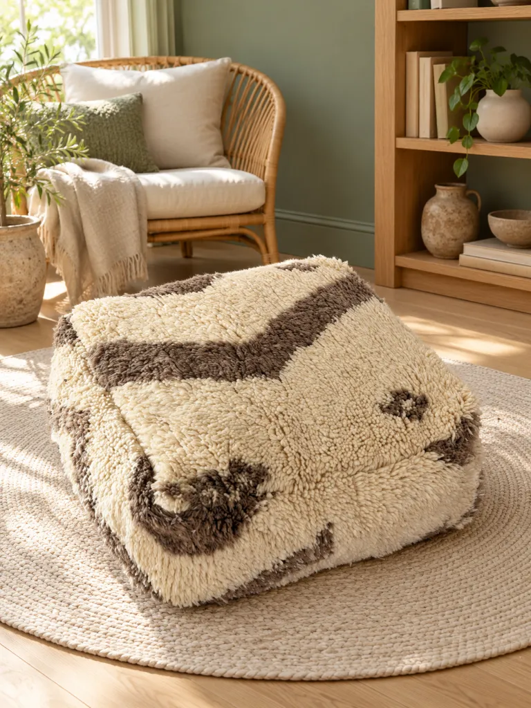 Diyara Artisanat Pouf en Laine sur Laine Écru et Taupe 4.webp