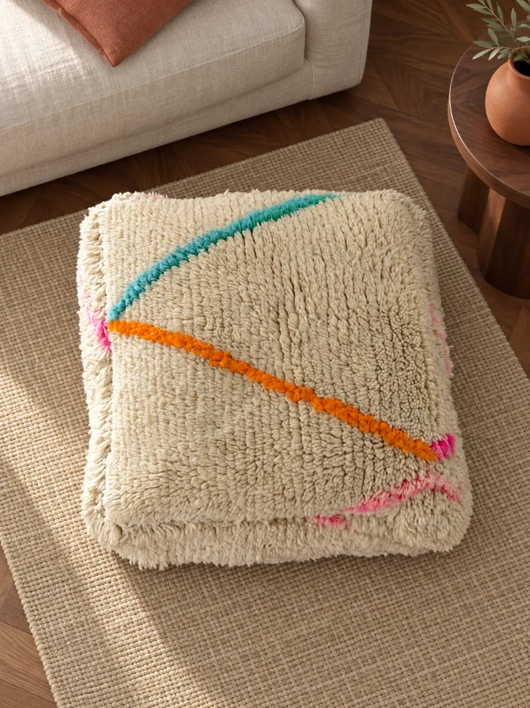 Diyara Artisanat Pouf en laine écrue à lignes colorées 3.webp