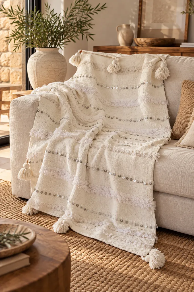 Diyara Artisanat Plaid berbère écru à franges, pompons et sequins 1.webp