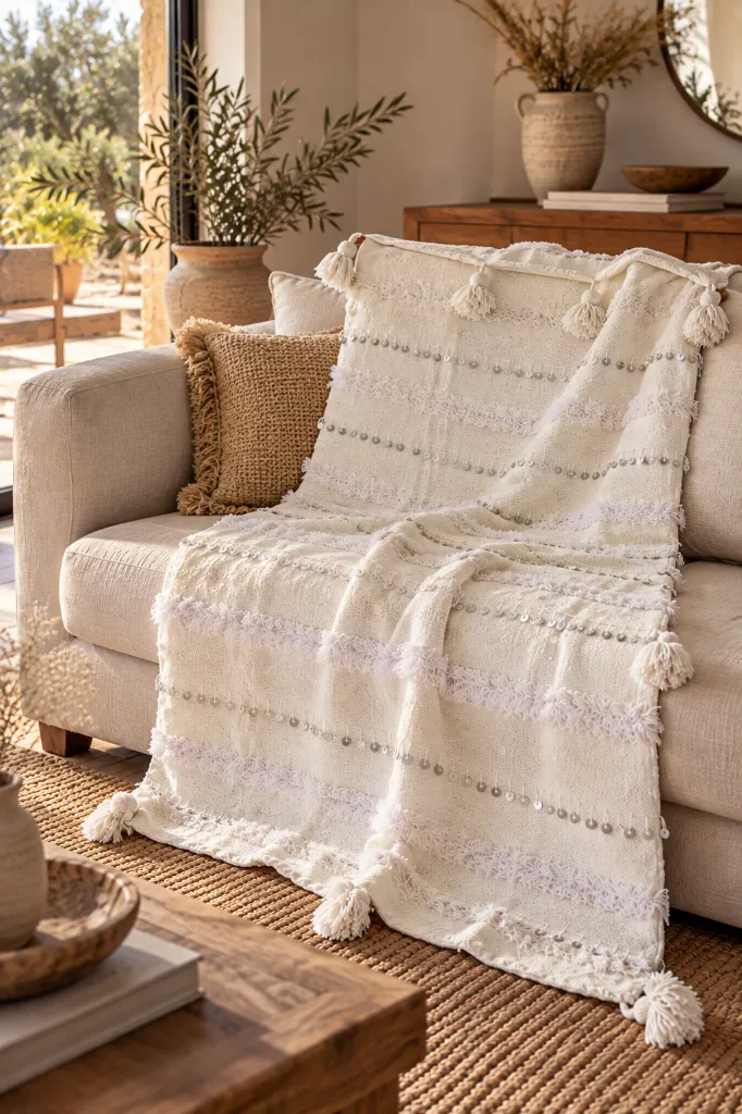 Diyara Artisanat Plaid berbère écru à franges, pompons et sequins 4.webp