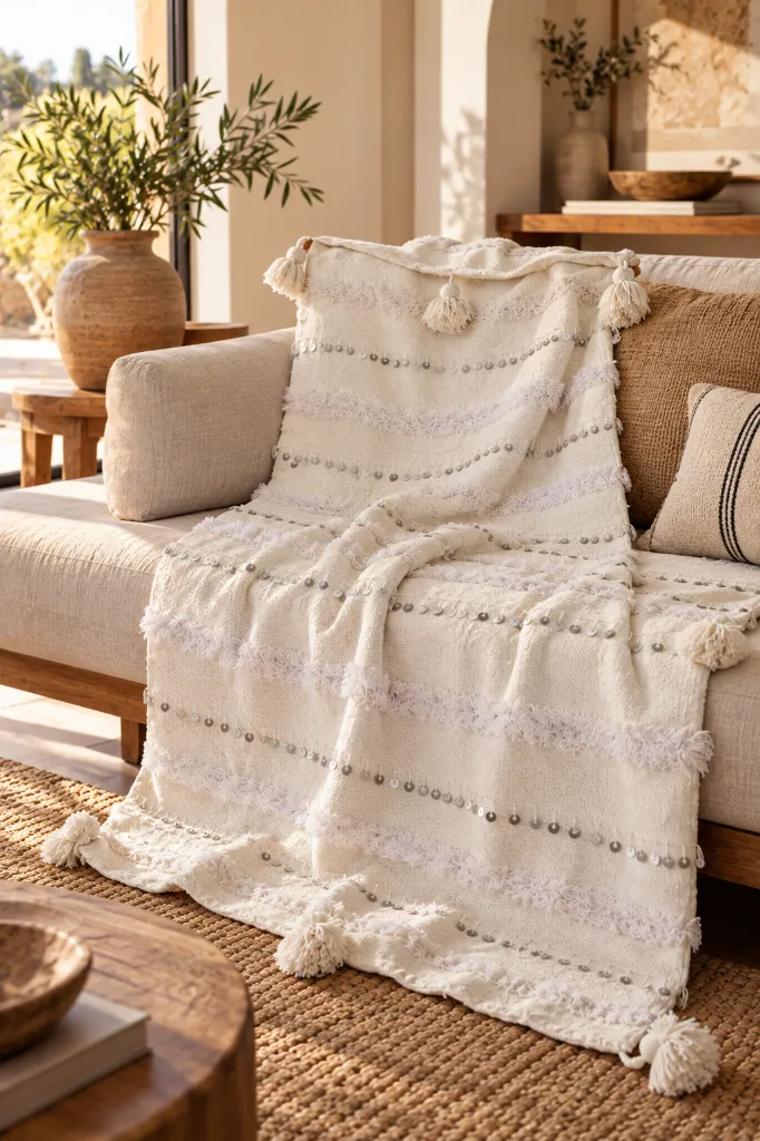Diyara Artisanat Plaid berbère écru à franges, pompons et sequins 2.webp