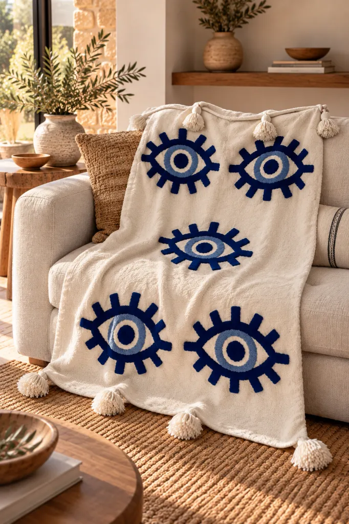 Diyara Artisanat Plaid écru à motifs œil bleu et pompons 4.webp