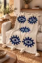 Diyara Artisanat Plaid écru à motifs œil bleu et pompons 4.webp