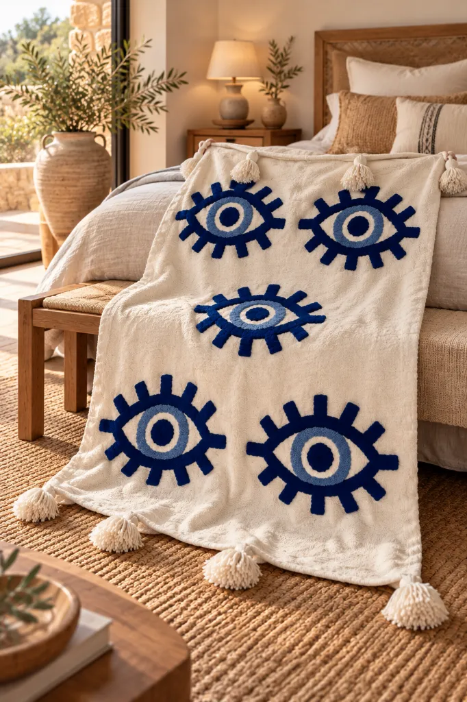 Diyara Artisanat Plaid écru à motifs œil bleu et pompons 2.webp