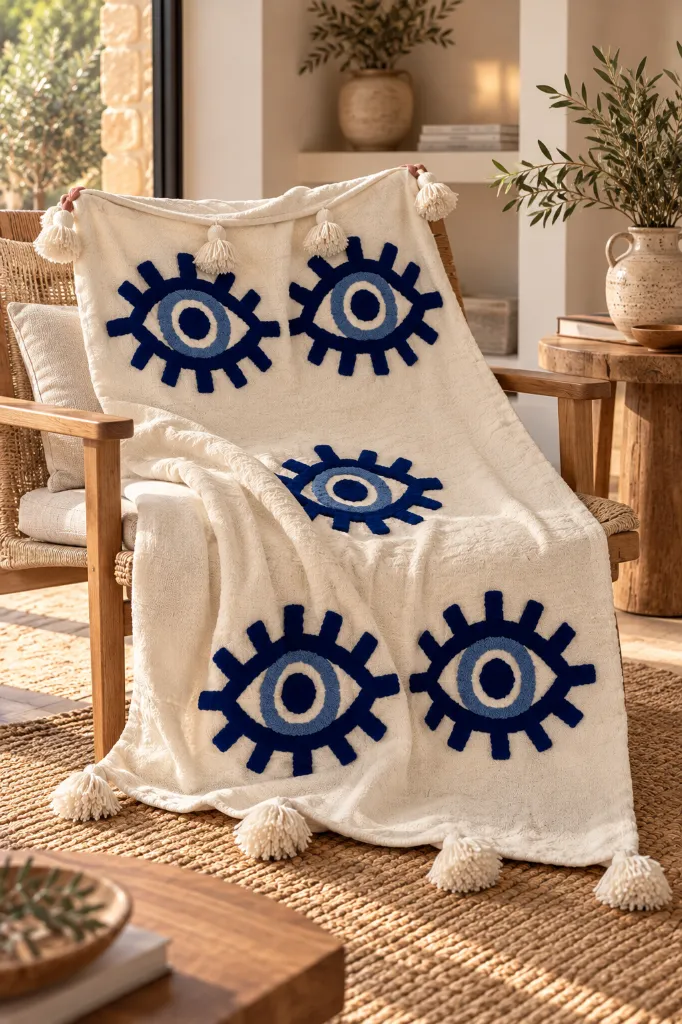 Diyara Artisanat Plaid écru à motifs œil bleu et pompons 1.webp