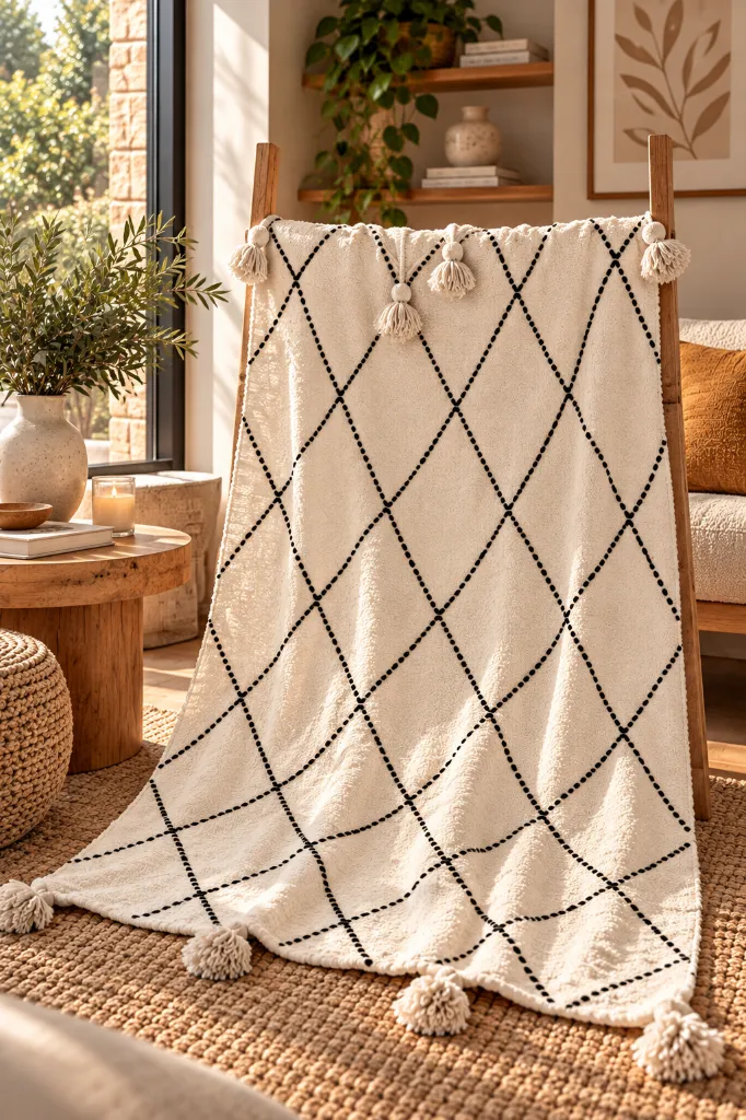 Diyara Artisanat Plaid écru à losanges noirs et pompons 1.webp
