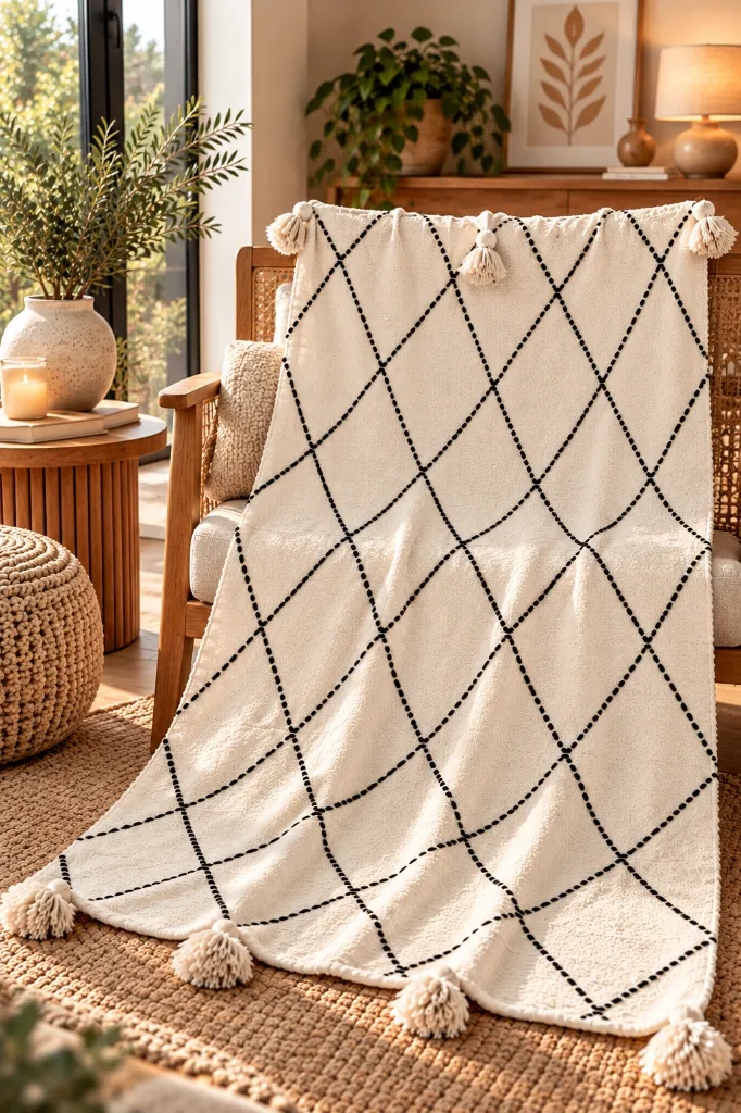 Diyara Artisanat Plaid écru à losanges noirs et pompons 4.webp