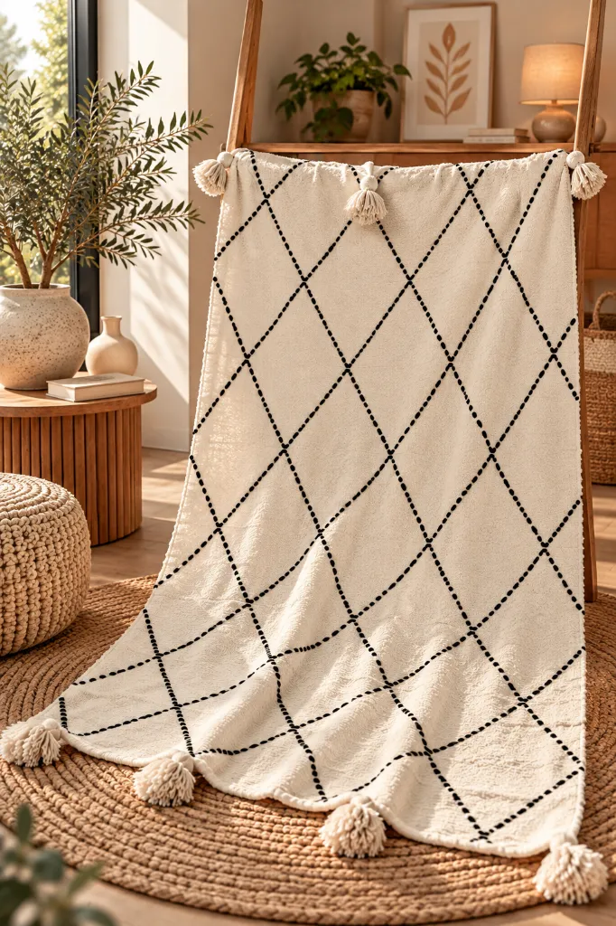 Diyara Artisanat Plaid écru à losanges noirs et pompons 2.webp
