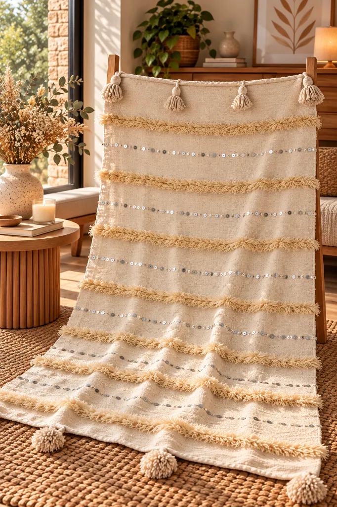 Diyara Artisanat Plaid écru à franges et sequins argentés 1.webp