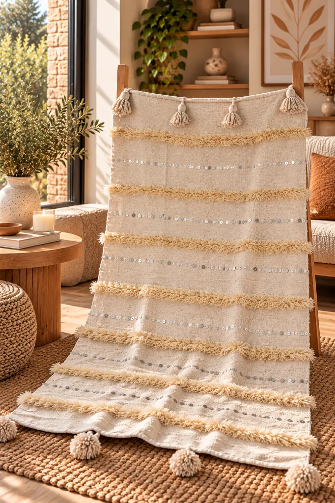 Diyara Artisanat Plaid écru à franges et sequins argentés 2.webp
