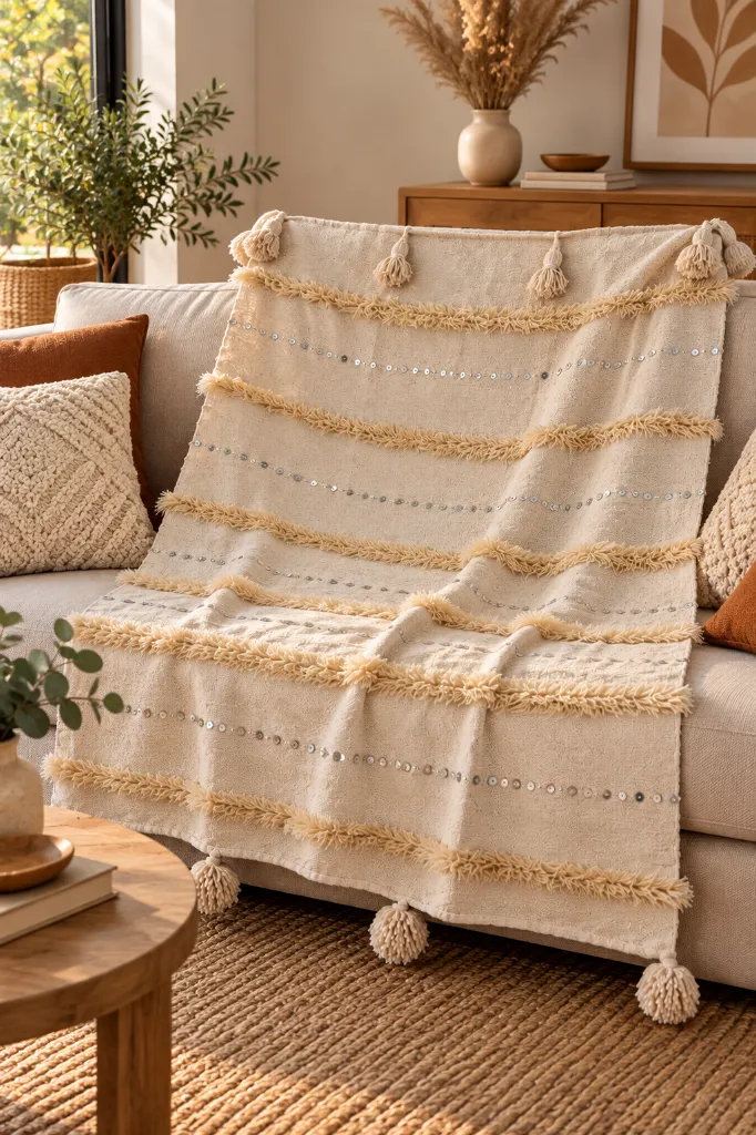 Diyara Artisanat Plaid écru à franges et sequins argentés 4.webp
