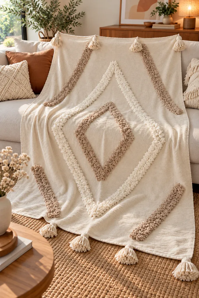 Diyara Artisanat Plaid écru à motifs géométriques en relief 4.webp