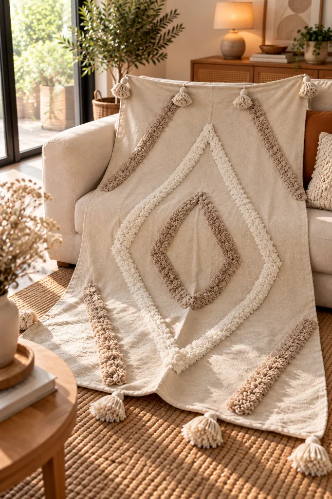 Diyara Artisanat Plaid écru à motifs géométriques en relief 2.webp
