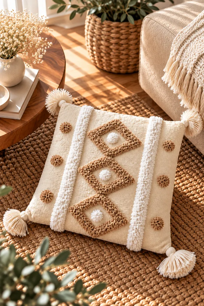 Diyara Artisanat Housse de coussin en coton écru à motifs berbères en relief 3.webp