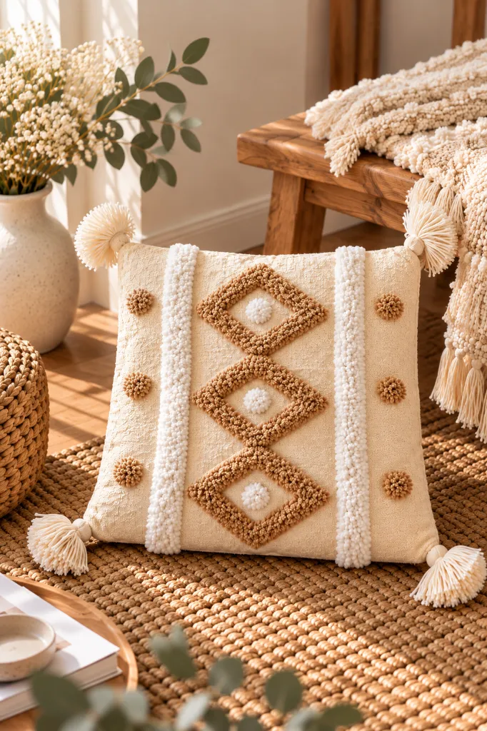 Diyara Artisanat Housse de coussin en coton écru à motifs berbères en relief 2.webp
