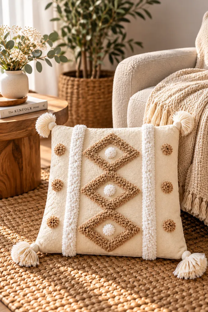 Diyara Artisanat Housse de coussin en coton écru à motifs berbères en relief 1.webp