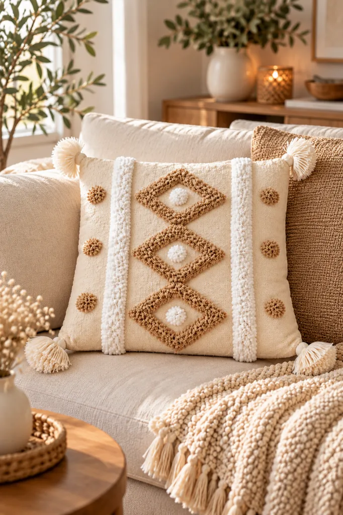 Diyara Artisanat Housse de coussin en coton écru à motifs berbères en relief 4.webp