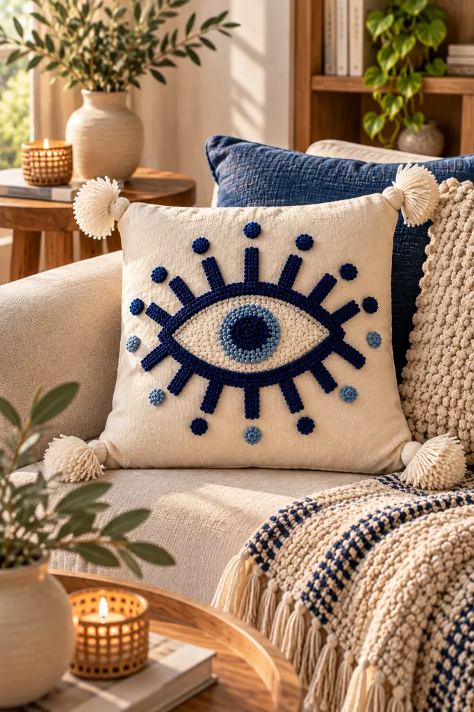 Diyara Artisanat Housse de coussin Œil bleu en coton écru 4.webp