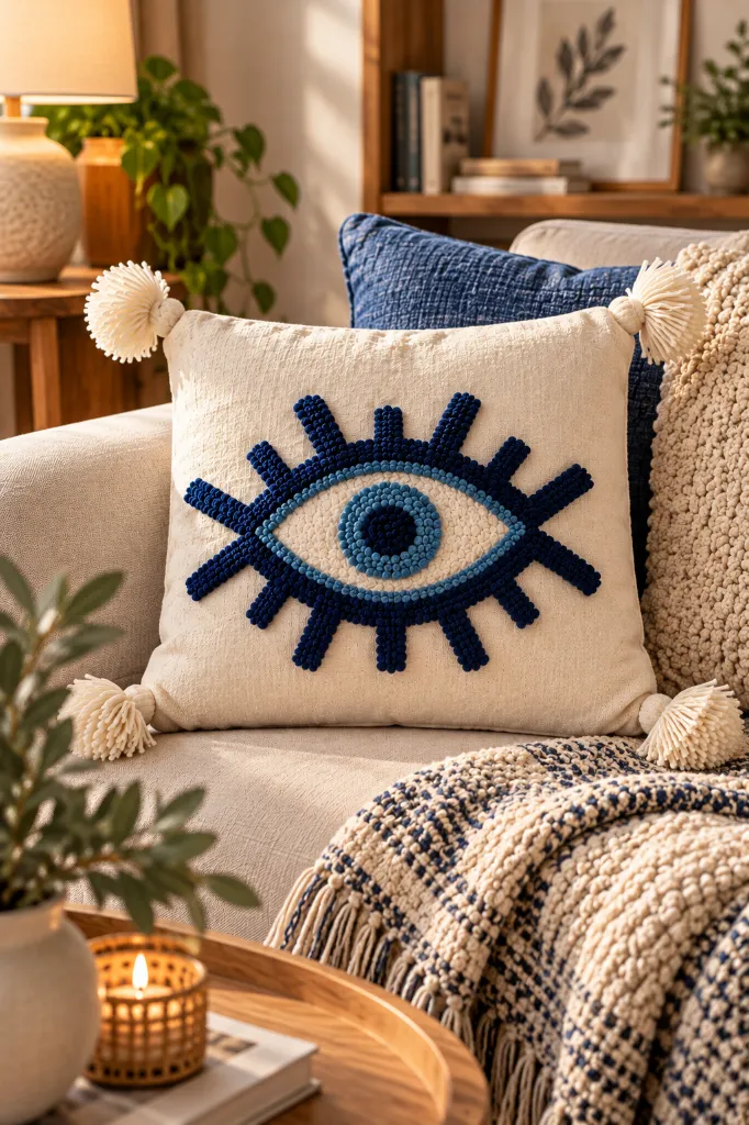 Diyara Artisanat Housse de coussin Œil bleu en coton écru 3.webp